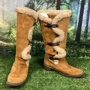 Vintage Tan Leather Tall Hook Latch Winter Boots 10.5